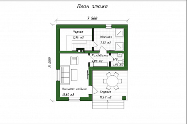 Проект компактной бани из газобетона с комнатой отдыха / План 1 этажа Проект компактной бани из газобетона с комнатой отдыха / План 1 этажа