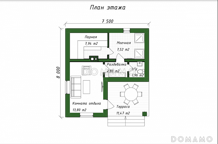 Проект компактной бани из газобетона с комнатой отдыха / План 1 этажа Проект компактной бани из газобетона с комнатой отдыха / План 1 этажа