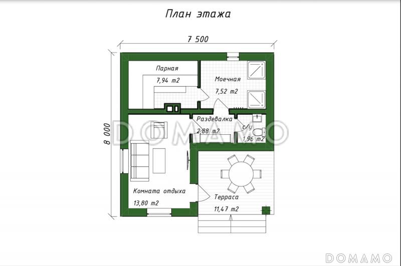 Проект компактной бани из газобетона с комнатой отдыха / План 1 этажа