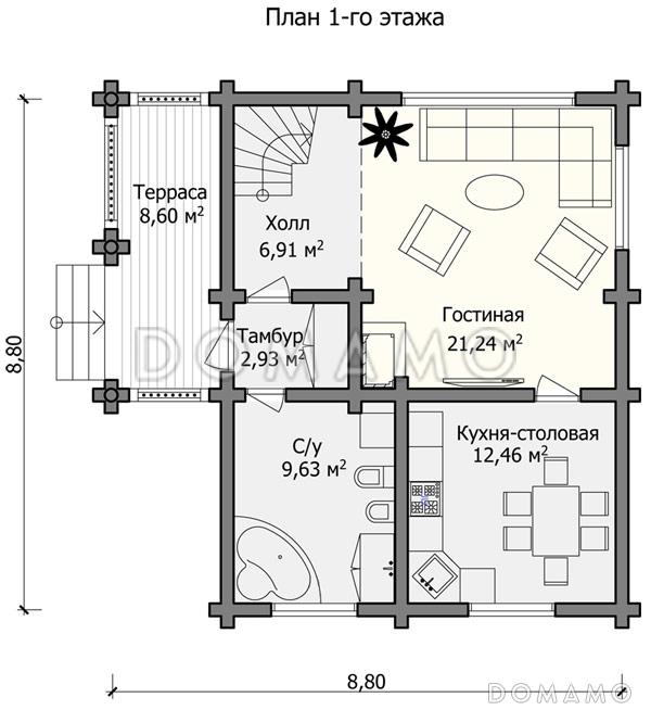 Проект небольшого дома, который очень хорошо подойдет для проживания небольшой семьи / План 1 этажа
