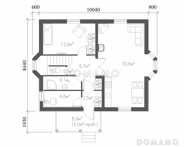 Проект практичного коттеджа в стиле фахверк / План 1 этажа Проект практичного коттеджа в стиле фахверк / План 1 этажа