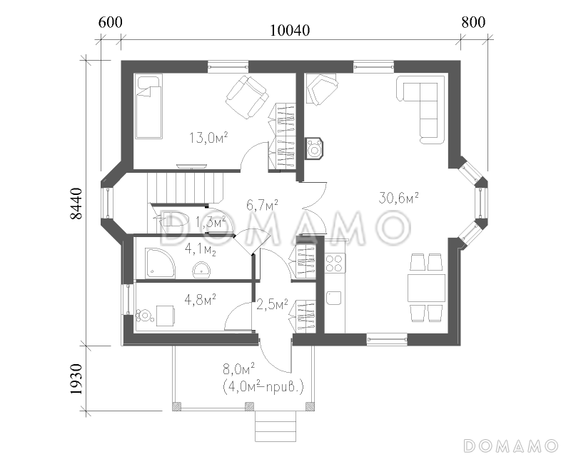 Проект практичного коттеджа в стиле фахверк / План 1 этажа