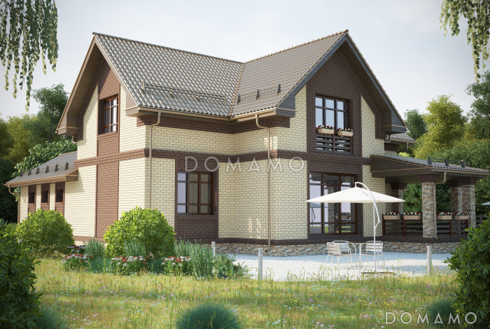 Проект красивого двухэтажного дома по технологии ЛСТК c большим гаражом и террасой