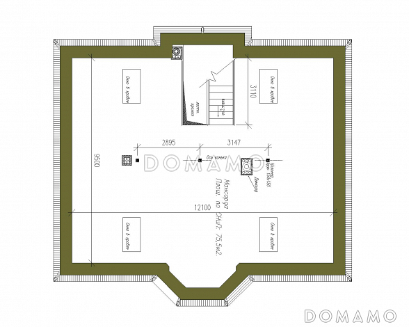 Проект двухэтажного коттеджа из СИП панелей с четырехскатной кровлей / План мансардного этажа Проект двухэтажного коттеджа из СИП панелей с четырехскатной кровлей / План мансардного этажа