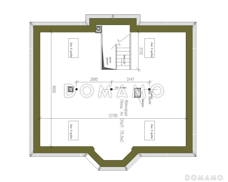 Проект двухэтажного коттеджа из СИП панелей с четырехскатной кровлей / План мансардного этажа