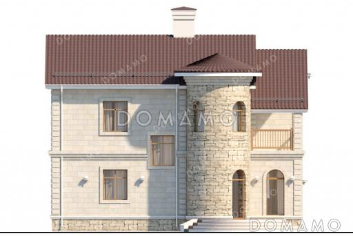 Проект дома с круглым эркером в кабинете, четырьмя спальнями и кладовой на кухне / Фасад 4