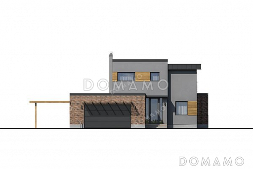 Проект двухэтажного дома с открытой террасой и гаражом на два автомобиля / Фасад 2