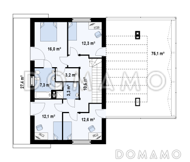 Проект современного двухэтажного дома с плоской крышей из газобетона с четырьмя спальнями, гаражом и просторной террасой над ним / План 2 этажа