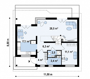Проект одноэтажного мансардного дома из кирпича с тремя комнатами и кабинетом / План 1 этажа Проект одноэтажного мансардного дома из кирпича с тремя комнатами и кабинетом / План 1 этажа