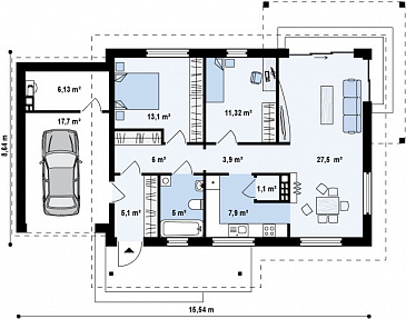 Проект одноэтажного дома из кирпича с большой светлой гостиной и с пристроенным гаражом / План 1 этажа
