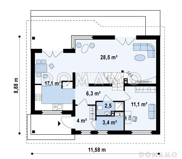 Проект одноэтажного мансардного дома из кирпича с тремя комнатами и кабинетом / План 1 этажа