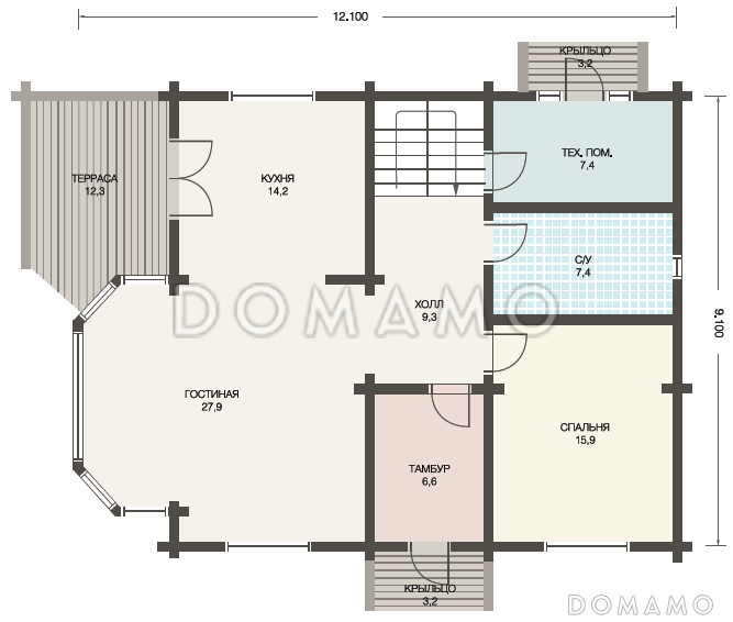 Проект дома из клееного бруса с гостиной, совмещенной с кухней-столовой / План 1 этажа