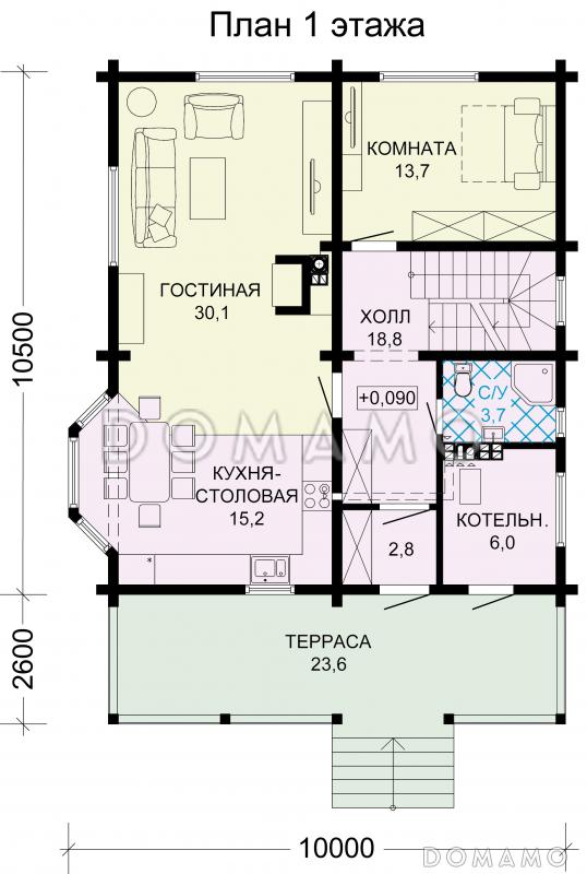 Проект рационально распланированного, уютного дома с тремя просторными спальнями и личным кабинетом / План 1 этажа