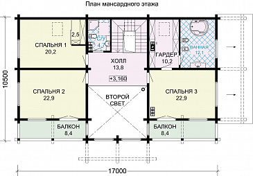 Проект особняка из бруса с цокольным этажем, тренажерным залом и панорамнымии окнами / План мансардного этажа Проект особняка из бруса с цокольным этажем, тренажерным залом и панорамнымии окнами / План мансардного этажа