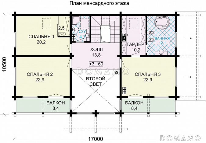 Проект особняка из бруса с цокольным этажем, тренажерным залом и панорамнымии окнами / План мансардного этажа Проект особняка из бруса с цокольным этажем, тренажерным залом и панорамнымии окнами / План мансардного этажа