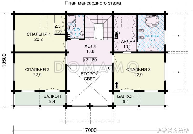 Проект особняка из бруса с цокольным этажем, тренажерным залом и панорамнымии окнами / План мансардного этажа