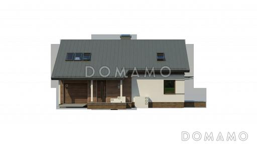 Проект увеличенного одноэтажного мансардного дома из кирпича с гаражом и большим фронтонным окном / Фасад 4