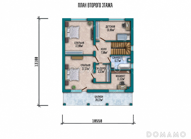 Проект дома с террасой и балконом / План мансардного этажа Проект дома с террасой и балконом / План мансардного этажа