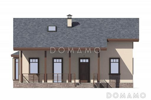 Проект дома с эркером в кухне, двумя спальнями на первом этаже, гостиной с камином, террасой / Фасад 2