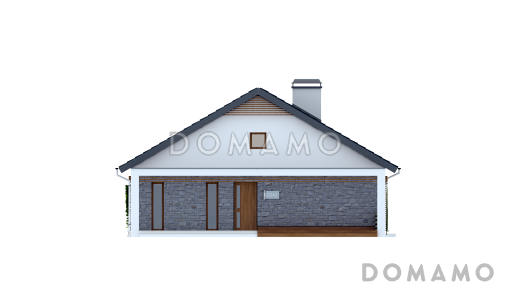 Проект компактного одноэтажного дома из газобетона с двумя спальнями, светлой просторной дневной зоной и большой открытой террасой / Фасад 2