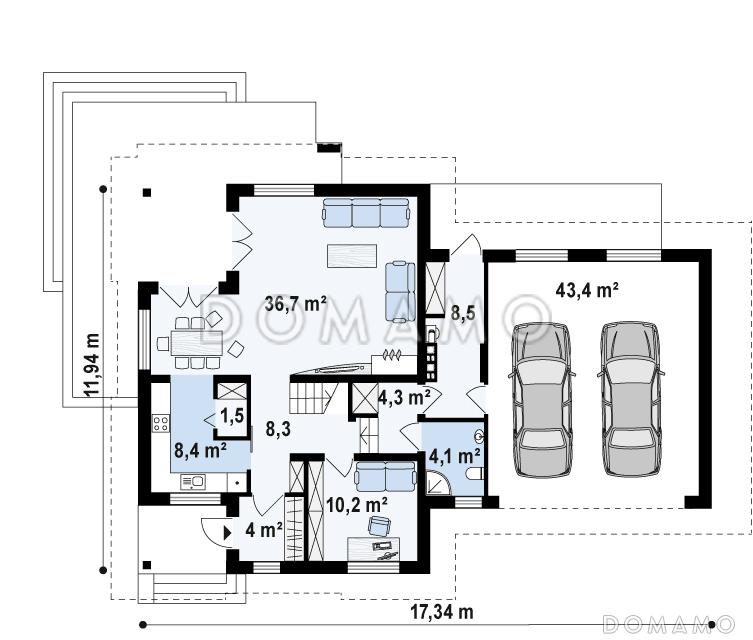 Проект одноэтажного мансардного дома из газобетона с кабинетом, гаражом на два автомобиля и комнатой над гаражом / План 1 этажа
