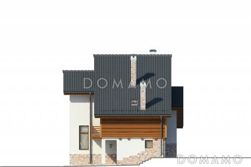 Проект дома с панорамными окнами, просторной гостиной и кухней-столовой, сауной, кабинетом на мансардном этаже, балконом и лоджией / Фасад 1