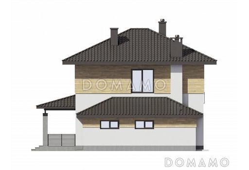 Проект двухэтажного дома с гаражом, террасой и камином в гостиной / Фасад 1