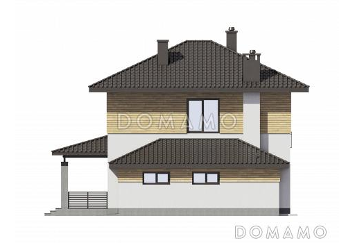 Проект двухэтажного дома с гаражом, террасой и камином в гостиной / Фасад 1
