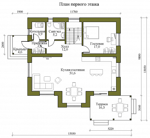 Проект двухэтажного газобетонного дома со вторым светом и детской на втором этаже / План 1 этажа