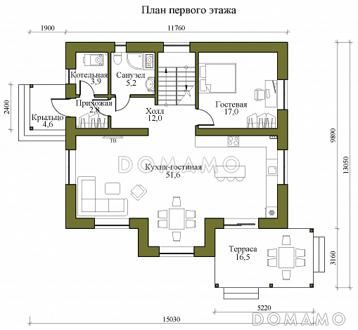 Проект двухэтажного газобетонного дома со вторым светом и детской на втором этаже / План 1 этажа Проект двухэтажного газобетонного дома со вторым светом и детской на втором этаже / План 1 этажа