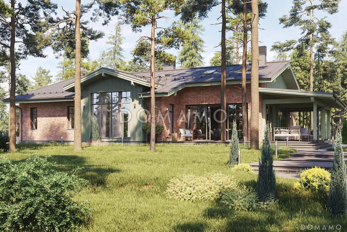 Проект современного дома с террасой и верандой, 3 спальнями, хамамом и навесом для автомобилей / 1