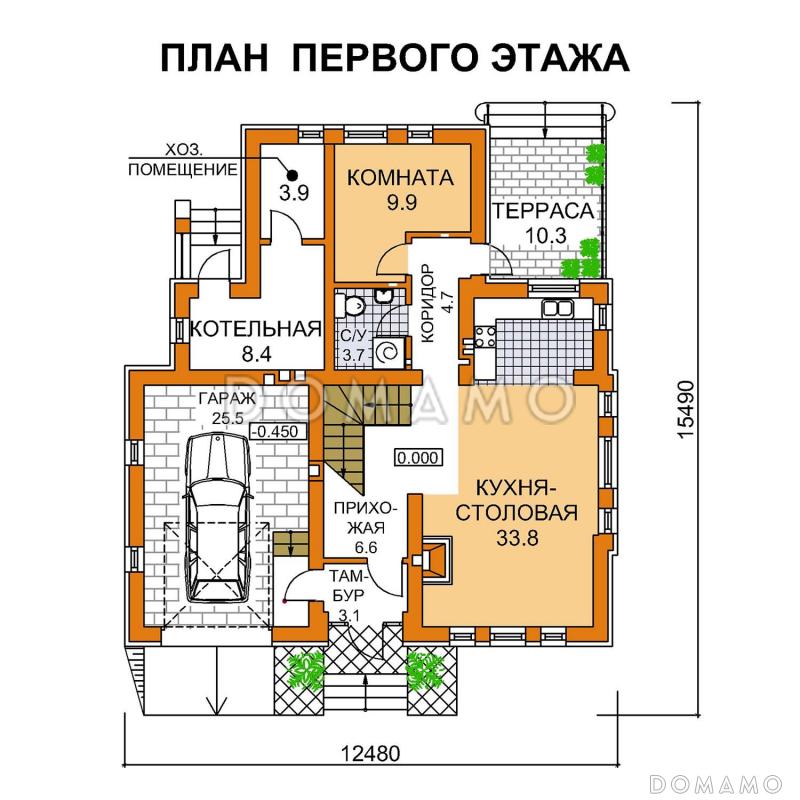 Проект двухэтажного дома с гаражом и небольшой террасой / План 1 этажа