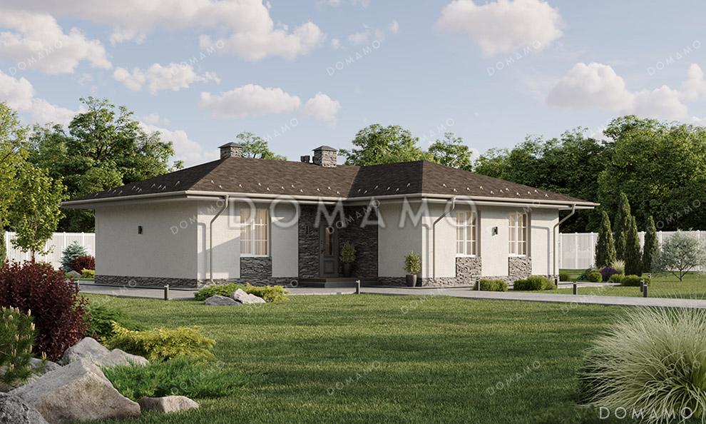 Проект Г-образного одноэтажного дома с крытой входной группой, простой вальмовой кровлей и просторной кухней-гостиной / 1