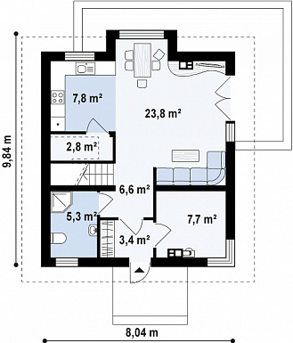 Проект классического одноэтажного мансардного дома из кирпича с эркером в столовой зоне, балконами и хозяйственным помещением / План 1 этажа Проект классического одноэтажного мансардного дома из кирпича с эркером в столовой зоне, балконами и хозяйственным помещением / План 1 этажа