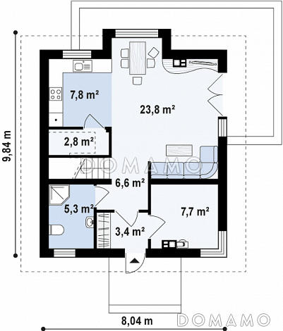 Проект классического одноэтажного мансардного дома из кирпича с эркером в столовой зоне, балконами и хозяйственным помещением / План 1 этажа Проект классического одноэтажного мансардного дома из кирпича с эркером в столовой зоне, балконами и хозяйственным помещением / План 1 этажа