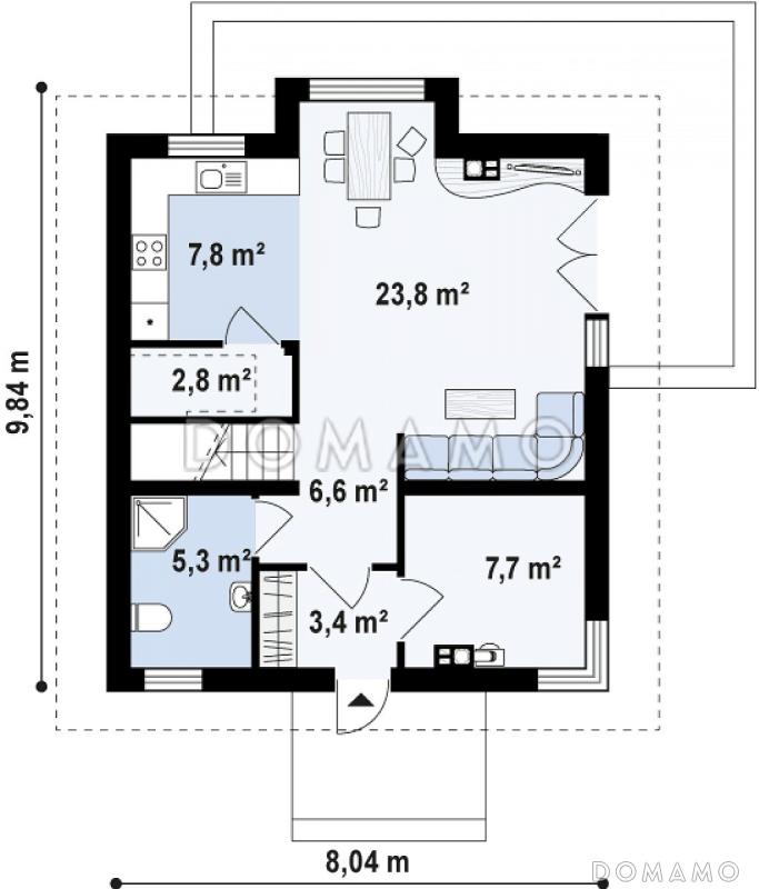 Проект классического одноэтажного мансардного дома из кирпича с эркером в столовой зоне, балконами и хозяйственным помещением / План 1 этажа