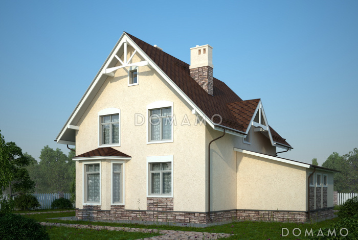 Проект бежевого оштукатуренного коттеджа с гаражом и эркером в гостиной Проект бежевого оштукатуренного коттеджа с гаражом и эркером в гостиной