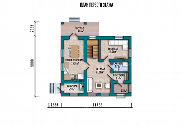Проект дома с просторной кухней-столовой, загороженным крыльцом и уютным балконом на верхнем этаже / План 1 этажа Проект дома с просторной кухней-столовой, загороженным крыльцом и уютным балконом на верхнем этаже / План 1 этажа