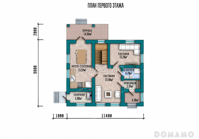 Проект дома с просторной кухней-столовой, загороженным крыльцом и уютным балконом на верхнем этаже / План 1 этажа Проект дома с просторной кухней-столовой, загороженным крыльцом и уютным балконом на верхнем этаже / План 1 этажа