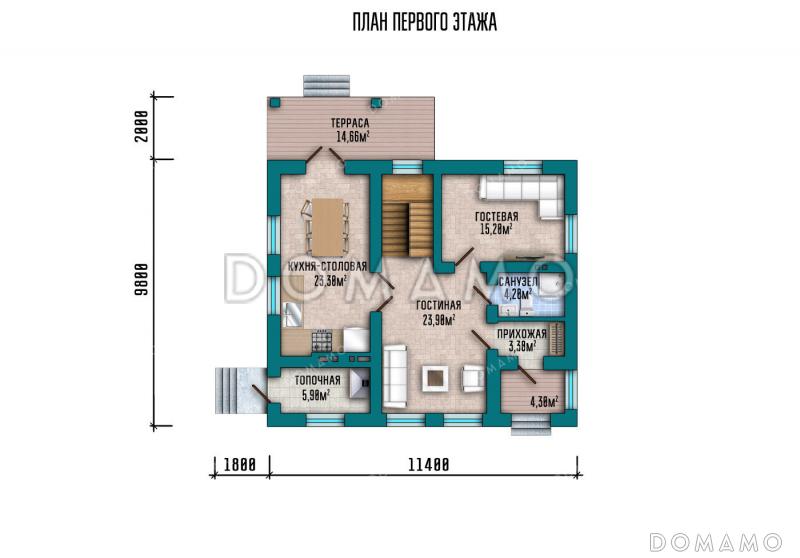 Проект дома с просторной кухней-столовой, загороженным крыльцом и уютным балконом на верхнем этаже / План 1 этажа