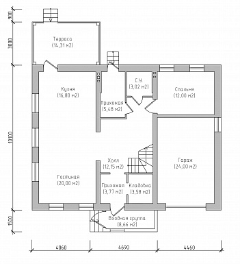 Проект яркого классического дома по технологии ЛСТК с мансардой, террасой, гаражом и навесом для автомобиля / План 1 этажа