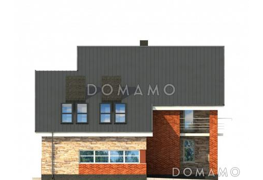 Проект дома с гаражом на одну машину, со спортзалом и душевой на втором этаже, большой мансардой / Фасад 2