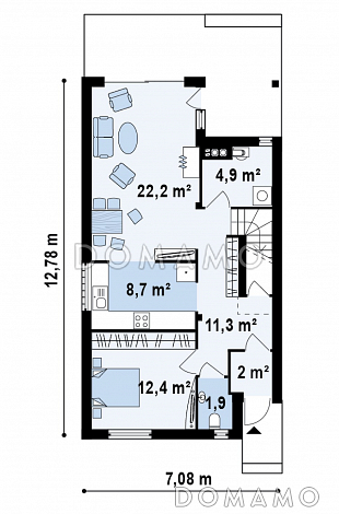 Проект небольшого одноэтажного мансардного дома из кирпича с дополнительной комнатой на первом этаже и угловым балконом / План 1 этажа