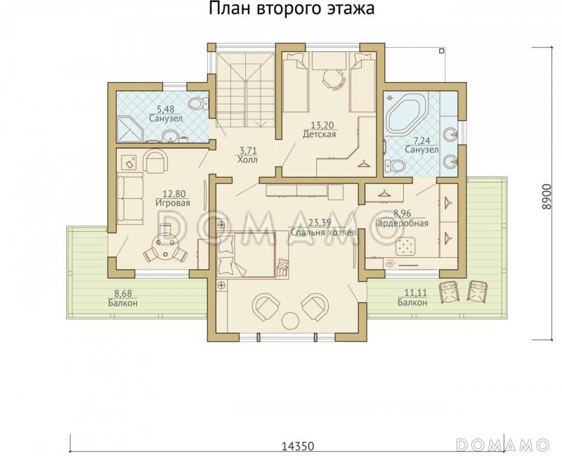 Проект каркасного дома с двумя угловыми балконами / План 2 этажа Проект каркасного дома с двумя угловыми балконами / План 2 этажа