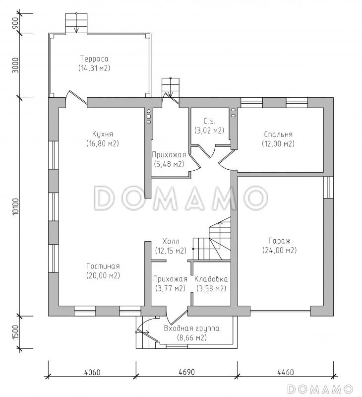 Проект яркого классического дома по технологии ЛСТК с мансардой, террасой, гаражом и навесом для автомобиля / План 1 этажа
