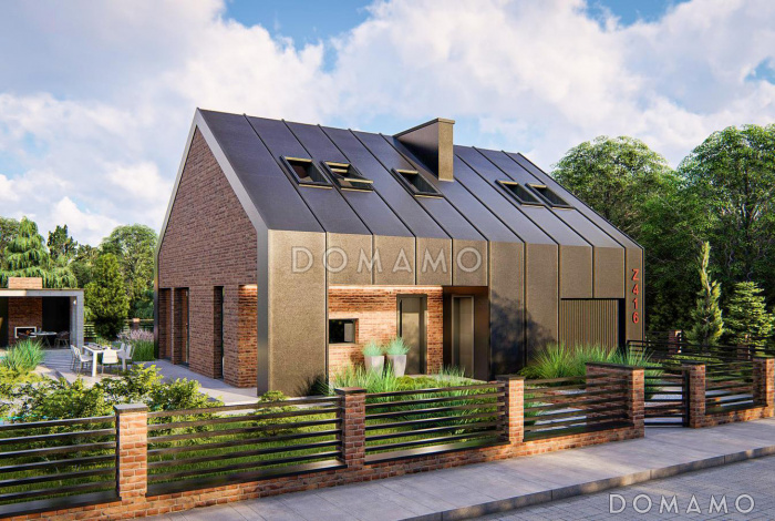 Проект дома с мансардным этажом, гаражом, кабинетом и просторной гостиной