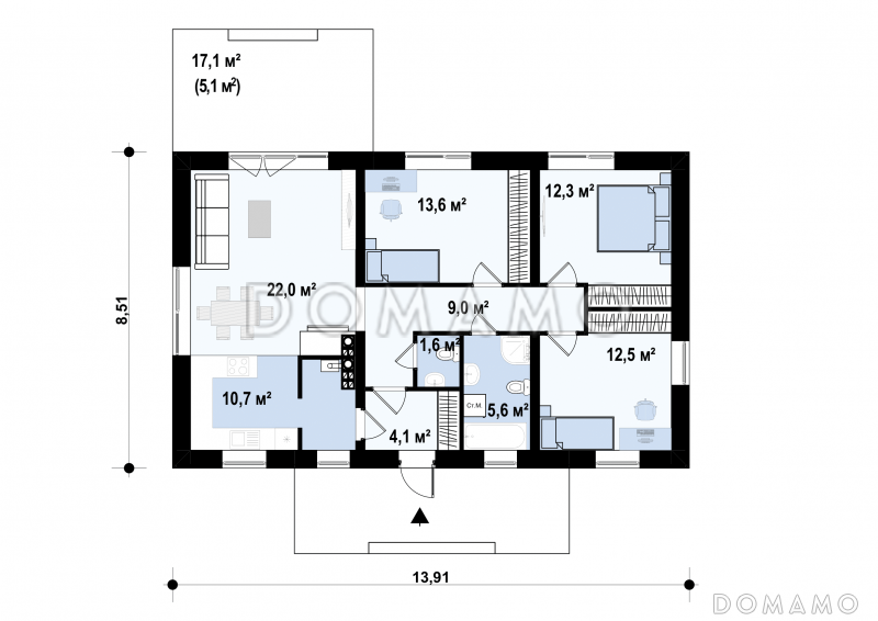Проект классического одноэтажного дома из кирпича с тремя спальнями и светлой гостиной / План 1 этажа
