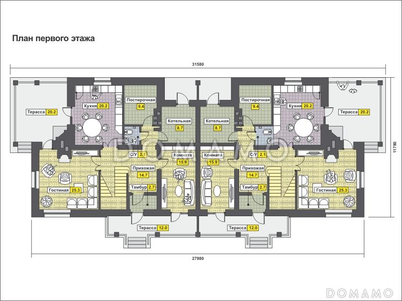 Проект дома с террасой, изолированной кухней, вторым светом / План 1 этажа