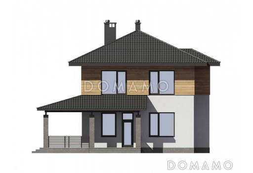 Проект двухэтажного дома из газобетона с пятью комнатами и крытой террасой / Фасад 1