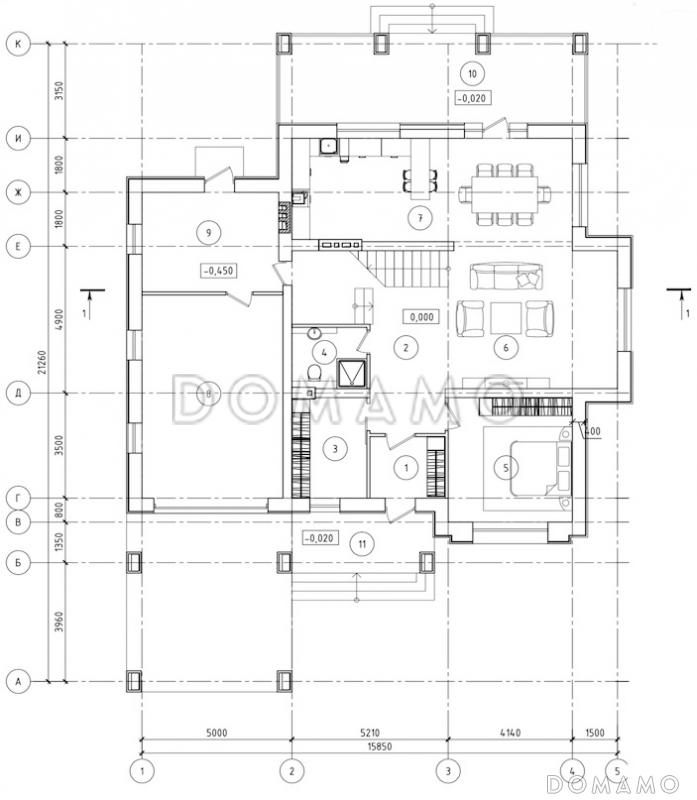 Проект просторного дома с гаражом, крытой террасой и пятью спальнями / План 1 этажа